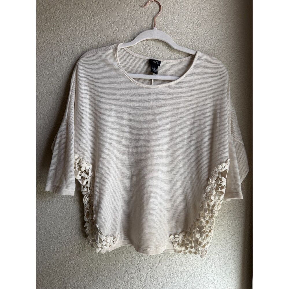 Rue21 Ivory Crochet Floral Side Panel Dolman Top Small Boho 3/4 Sleeve